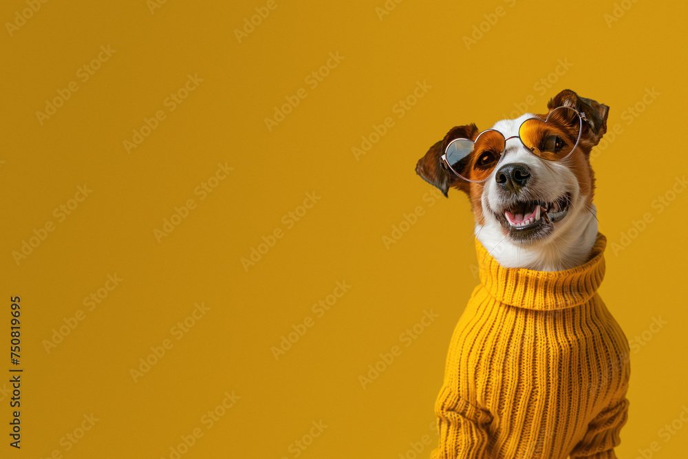 A happy Jack Russell Terrier wearing a bright yellow turtleneck sweater and stylish sunglasses against a lively yellow background