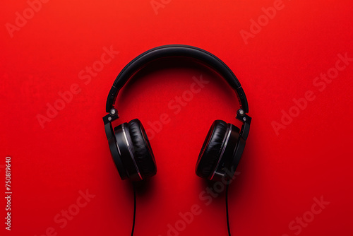A pair of headphones is displayed on a vibrant red background, creating a striking contrast between the black electronics and the bold color.