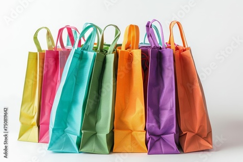 Stack of eco-friendly Reusable shopping bags in various colors and sizes Against a clean White background Promoting sustainability