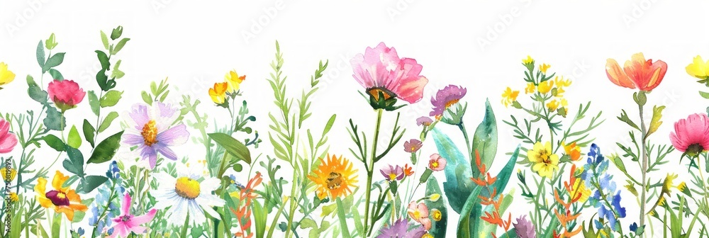 Colorful Watercolor Illustration of Assorted Wildflowers, Grass, and Greenery Generative AI