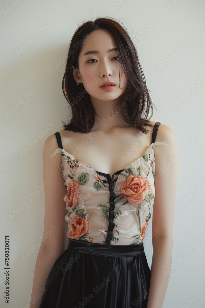 An Asian woman is pictured wearing a floral top and black skirt. An Asian woman is pictured wearing a floral top and black skirt.