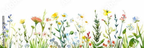 Colorful Watercolor Illustration of Assorted Wildflowers, Grass, and Greenery Generative AI © AlexandraRooss