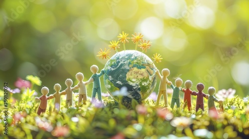 Fototapeta Naklejka Na Ścianę i Meble -  On World Earth Day, a chain of people holds hands encircling the Earth in a frame of unity and connection.