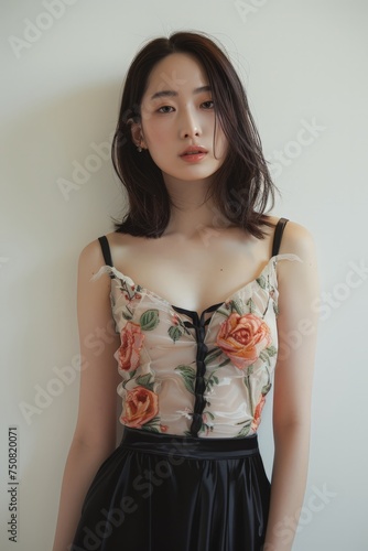 An Asian woman is pictured wearing a floral top and black skirt.