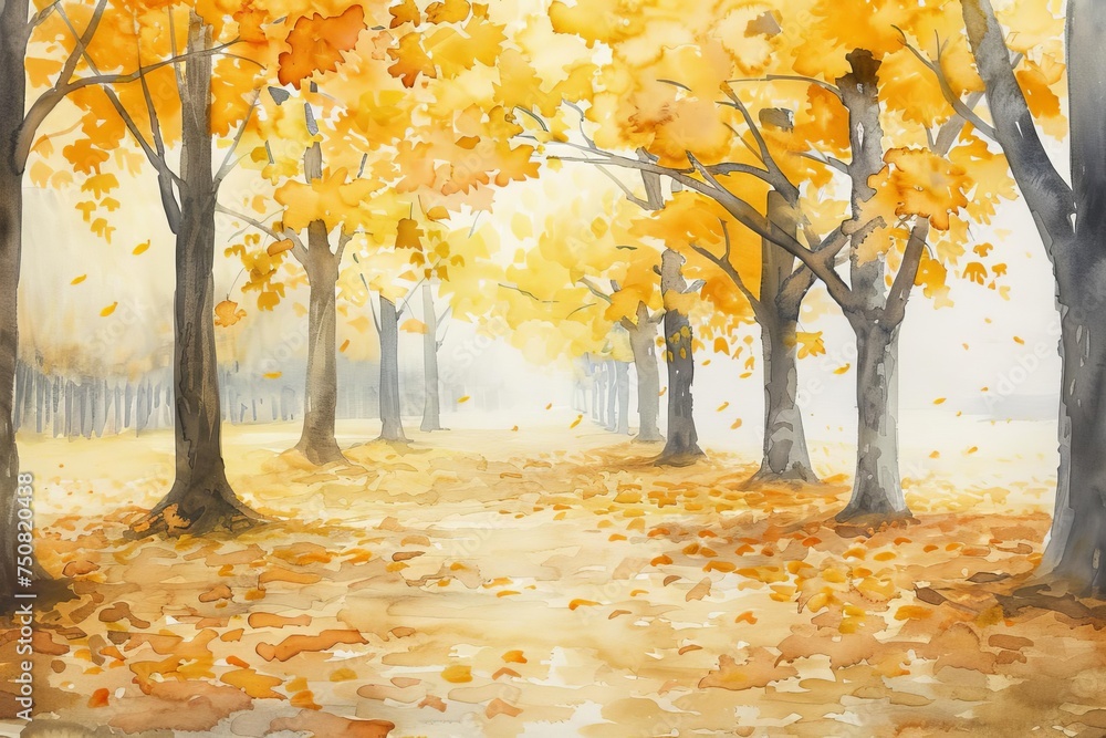 Watercolor landscape of a serene autumn park with trees shedding golden leaves Stretching across a soft Textured background.