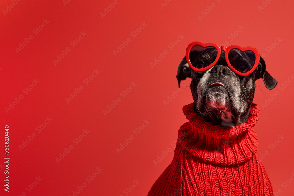A cute pug donning heart-shaped sunglasses and a snuggly red sweater against a red background A cute pug donning heart-shaped sunglasses and a snuggly red sweater against a red background