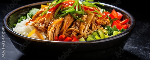 Close-up of delicious pulled chicken with colorful vegetables on rice in a black bowl.