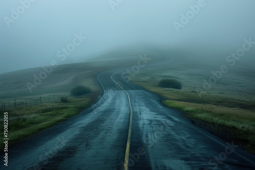 Road in the fog. Misty landscape. Background image. Created with Generative AI technology.