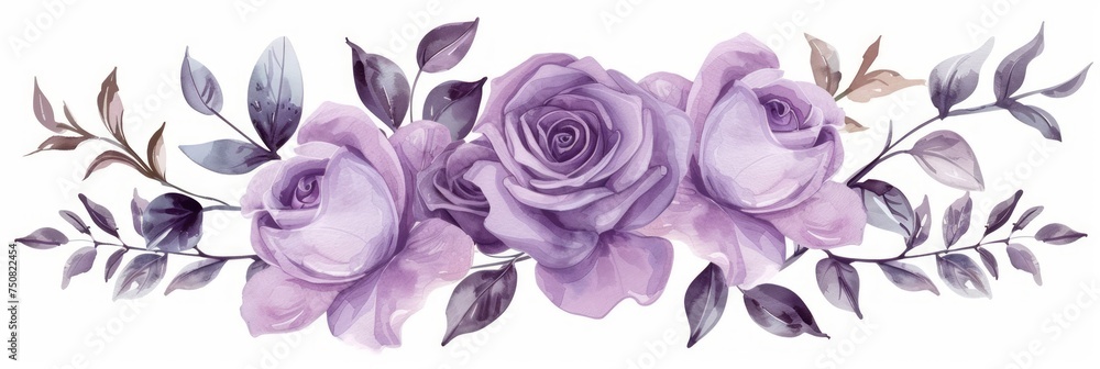 Elegant Purple Rose Flower Arrangement with Watercolor on White Background Generative AI