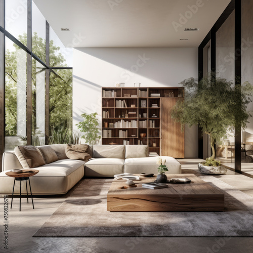 A modern living room with a minimalist design  featuring a variety of functional pieces and a smart storage system