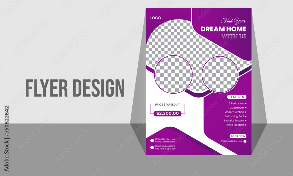 Professional elegant corporate house a4 flyer design template. Creative minimal real estate poster design.