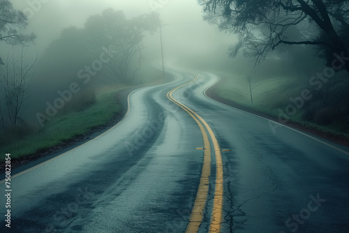 Road in the fog. Misty landscape. Background image. Created with Generative AI technology.