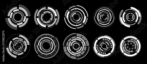 Techno Hi-tech Circles Monochrome Vector Collection. Abstract, Modern Design Elements For Games Or Techno Apps