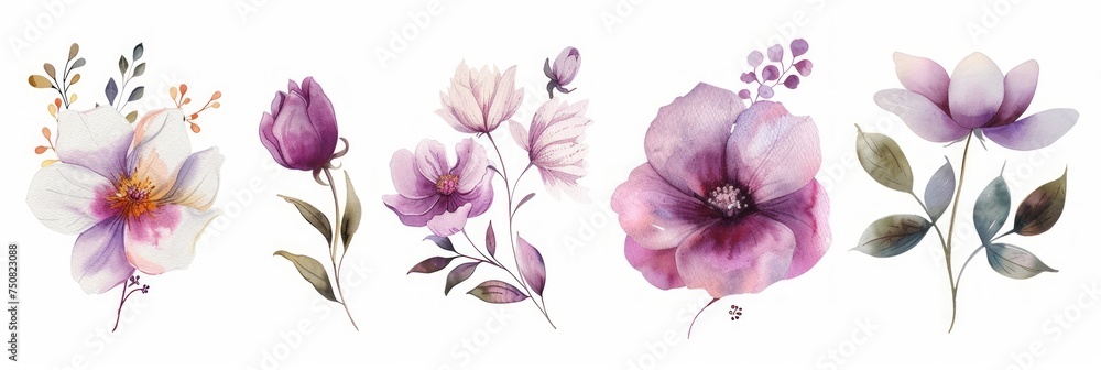Hand-Painted Watercolor Illustrations of Flowers on White Background Generative AI