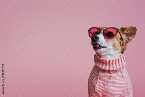A small dog is dressed in a pink knitted turtleneck and red heart sunglasses, looking chic © Fxquadro