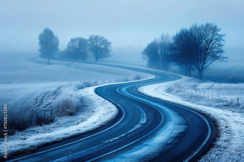 Obraz premium Road in the fog. Misty landscape. Background image. Created with Generative AI technology.