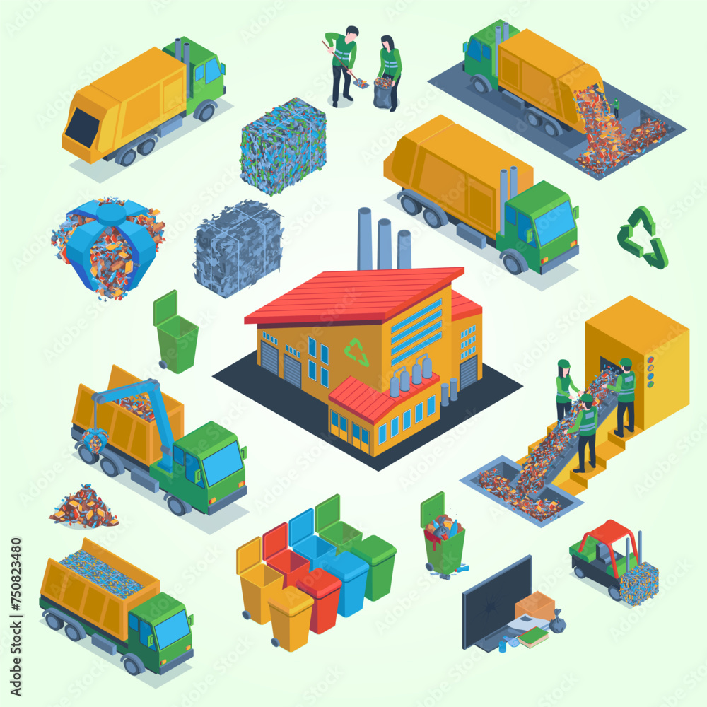 isolated isometric garbage icon set with steps recycling transportation separation vector illustration isolated isometric garbage icon set with steps recycling transportation separation vector illustration
