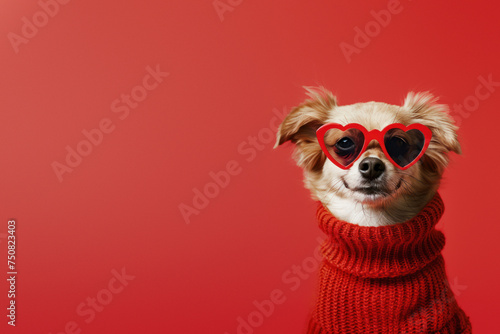 This image features a Chihuahua in a red sweater and heart-shaped sunglasses against a red backdrop, symbolizing love and joy © Fxquadro