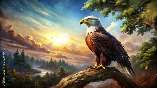 an eagle on a tree with small sparks and a clear sky photo
