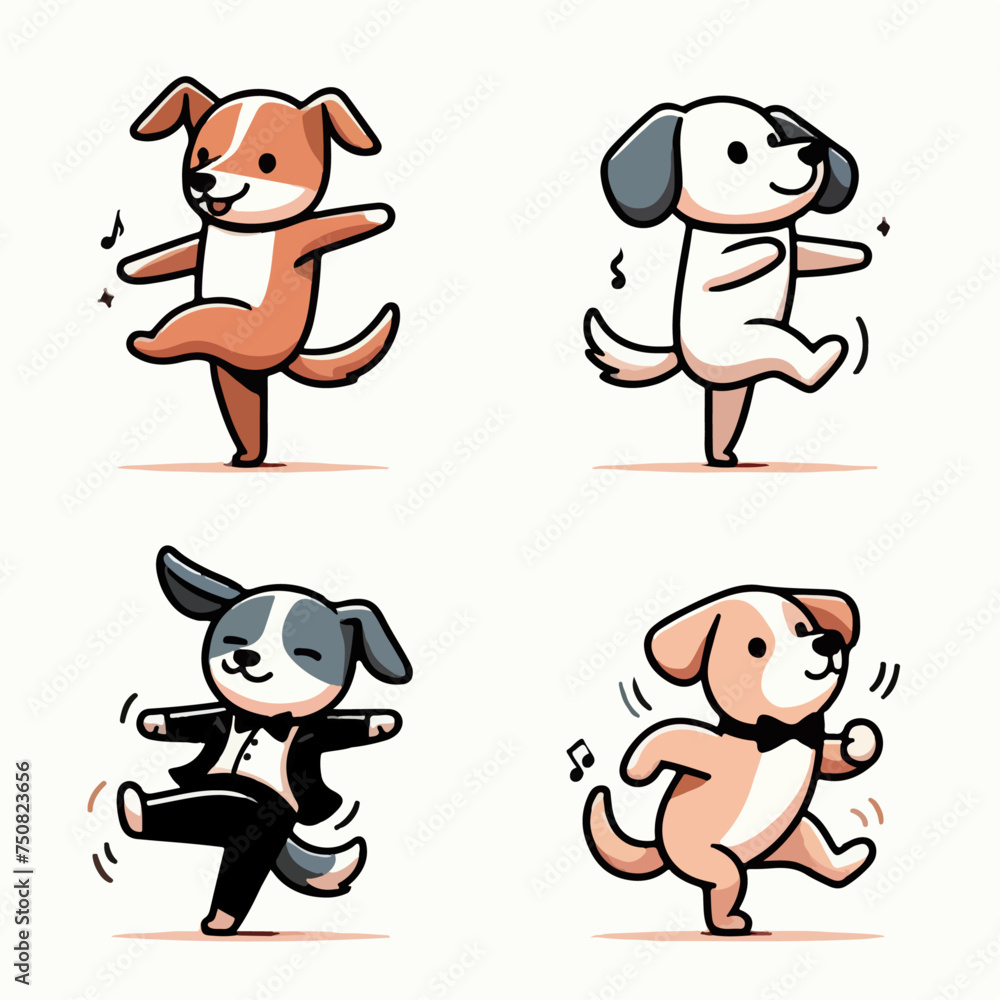 Illustration of a set of dogs dancing in a cartoon vector style