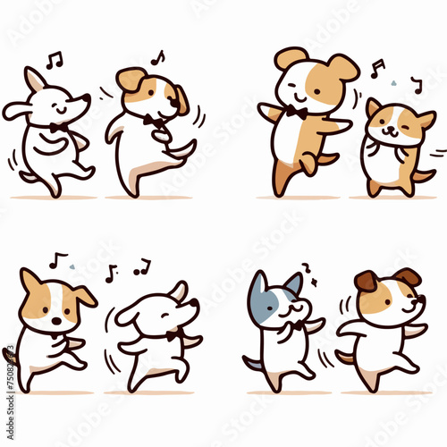 Illustration of a set of dogs dancing in a cartoon vector style