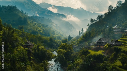 A cinematic view of pristine mountain streams weaving through idyllic villages, surrounded by lush landscapes, accompanied by the elegant dance of vibrant birds.