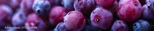 Close-up of fresh, dew-covered blueberries in purple and blue hues, ideal for culinary themes, health-related content, and summer harvest promotions.