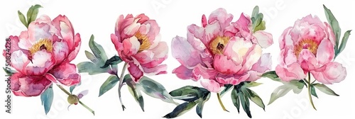 Pink Peonies Watercolor Collection on White Background Generative AI