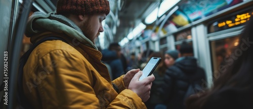 A man in a yellow jacket and orange beanie is focused on his smartphone while riding a crowded subway, capturing a moment of urban daily life. © iSomboon