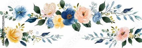 Blush Pink, Blue, and Yellow Watercolor Floral Bouquet Illustration Set Generative AI © AlexandraRooss