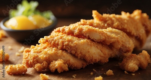 Craft a close-up photograph of a single crispy chicken strip, capturing the fine details of the golden exterior and juicy interior. Emphasize the texture of the breading-AI Generative 