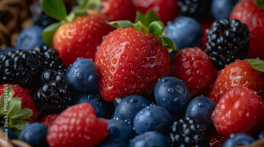 Close up of vibrant collection of fresh berries, including strawberries, blueberries, raspberries, and blackberries, beautifully arranged in a wicker fruit basket. Close up of vibrant collection of fresh berries, including strawberries, blueberries, raspberries, and blackberries, beautifully arranged in a wicker fruit basket.