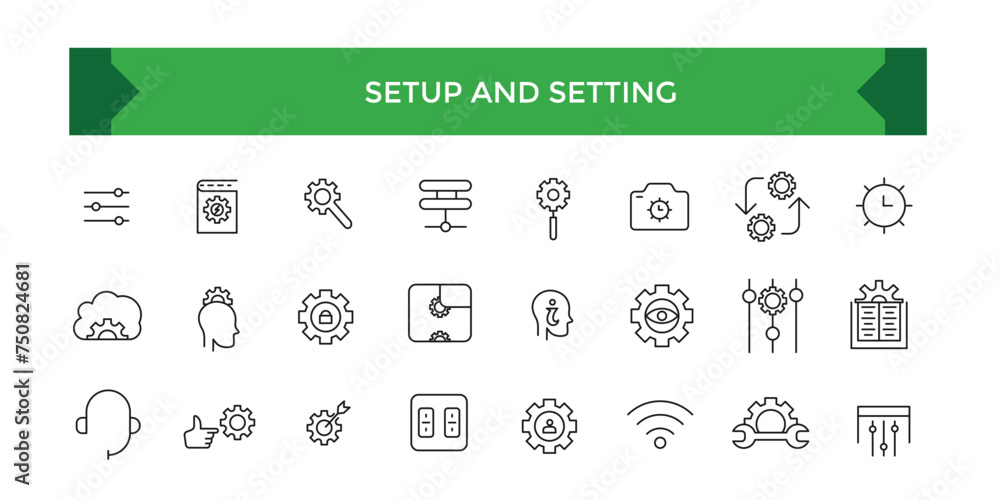Setup and Setting line icons collection. Operation, gear, processing, tools icons. UI icon set.