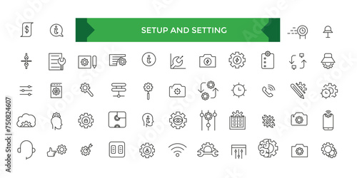 Setup and Setting line icons collection. Operation, gear, processing, tools icons. UI icon set.