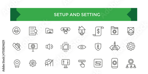 Setup and Setting line icons collection. Operation, gear, processing, tools icons. UI icon set.