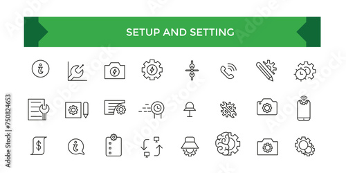 Setup and Setting line icons collection. Operation, gear, processing, tools icons. UI icon set.