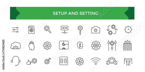 Setup and Setting line icons collection. Operation, gear, processing, tools icons. UI icon set.