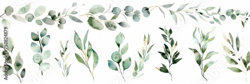 Green and Gold Leaf Branches Watercolor Illustration Set for Wedding Stationary and Wallpapers Generative AI
