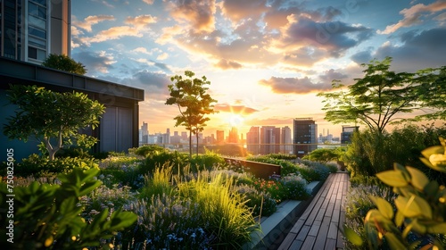 Urban Rooftop Garden at Sunset