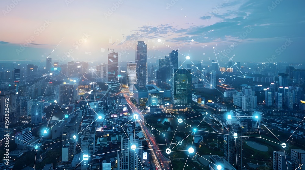 Cityscape of Connected Digital Infrastructure in Futuristic Style