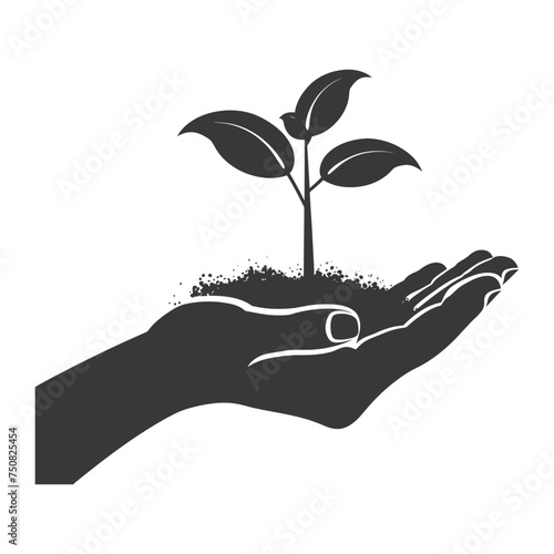 Silhouette Two Hand holding soil with growing sprout black color only