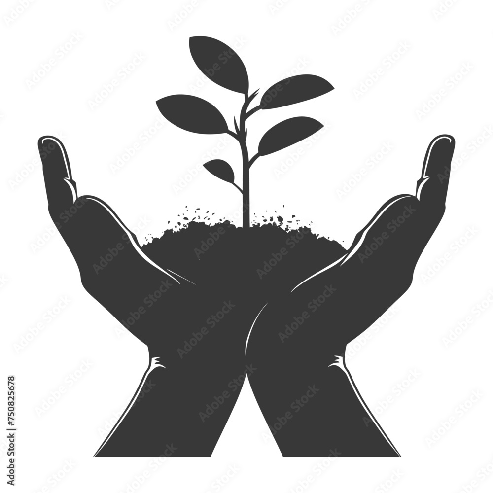 Obraz premium Silhouette Two Hand holding soil with growing sprout black color only