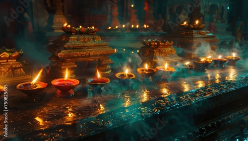 Traditional oil lamps in a temple setting - Oil lamps create a warm, inviting glow in a serene temple setting, reflecting spirituality and tradition © Mickey