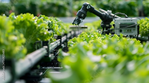 Industrial Farming Robot Washing Lettuce in a Greenhouse