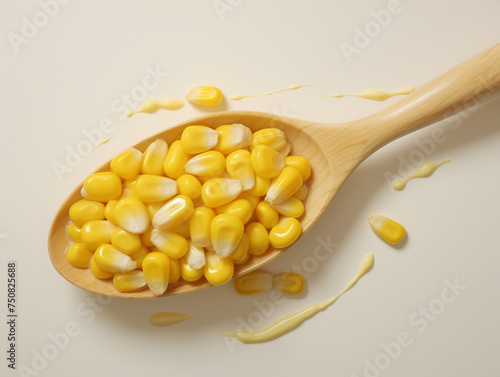 on a white background there is a pile of corn seeds, layed on a wood spoon сreated with Generative Ai