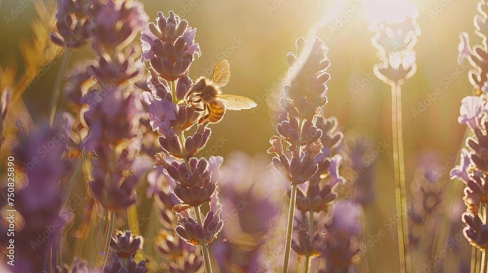  Honey bee pollinates lavender flowers. Soft focus. Close-up macro image with blurred background. Lavender flowers and a honey bee in perfect harmony. A symphony of nature. - obrazy, fototapety, plakaty 