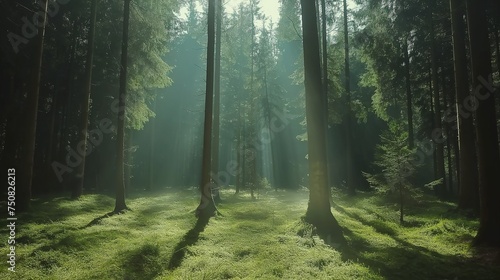 A clean and polished HD capture of a sunlit forest  presenting a minimalist and vibrant background for mockups.