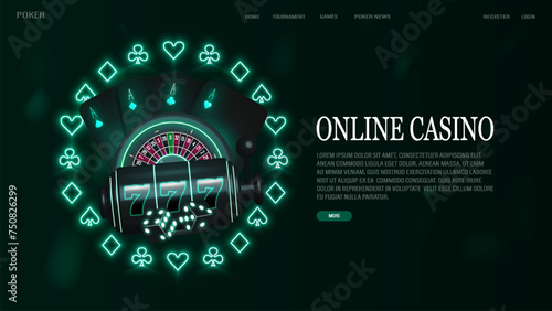 A web banner with neon cards and dice for poker with a slot machine and roulette for casinos in a frame of their suits on a green background.