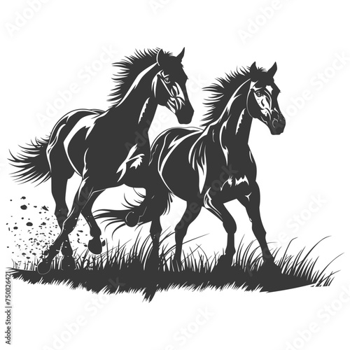 Silhouette two horses galloping