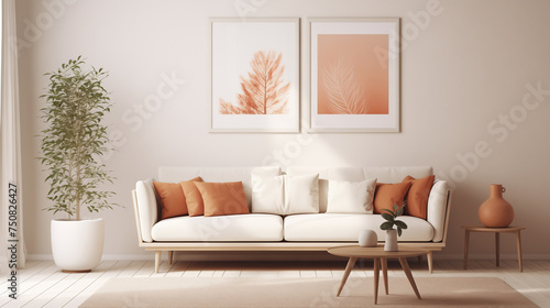 Warm and Inviting Living Room with Cream Sofa  Terracotta Accents  and Botanical Prints